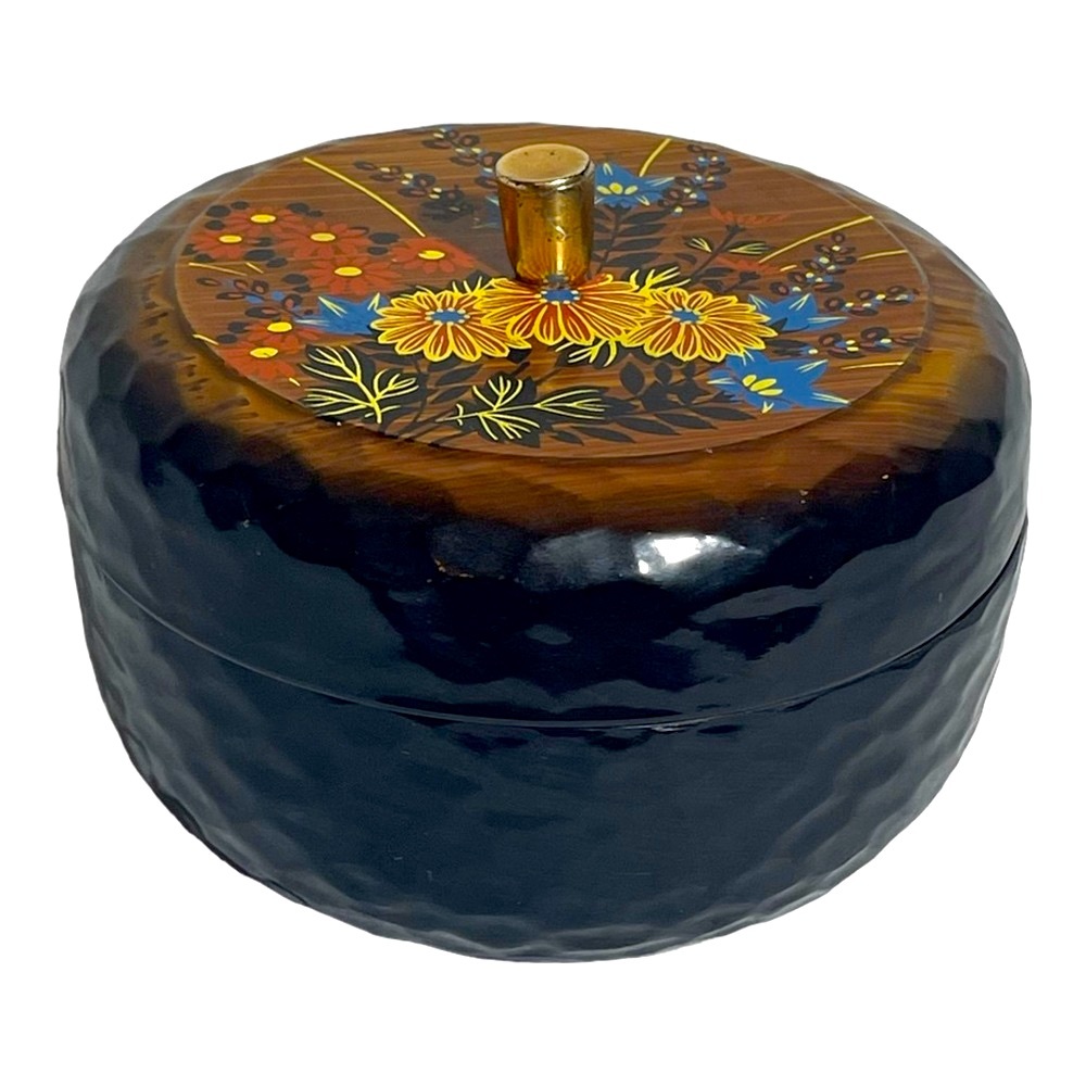 Vintage Trinket Box with lid Round Faux Carved Wood Lacquer orange Floral Japan